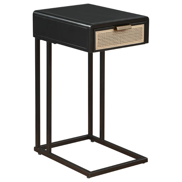 English Elm Kenneth C-shape Sofa Side Table with Rattan Drawer and Matte Black Metal Frame B062P507824
