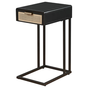 English Elm Kenneth C-shape Sofa Side Table with Rattan Drawer and Matte Black Metal Frame B062P507824