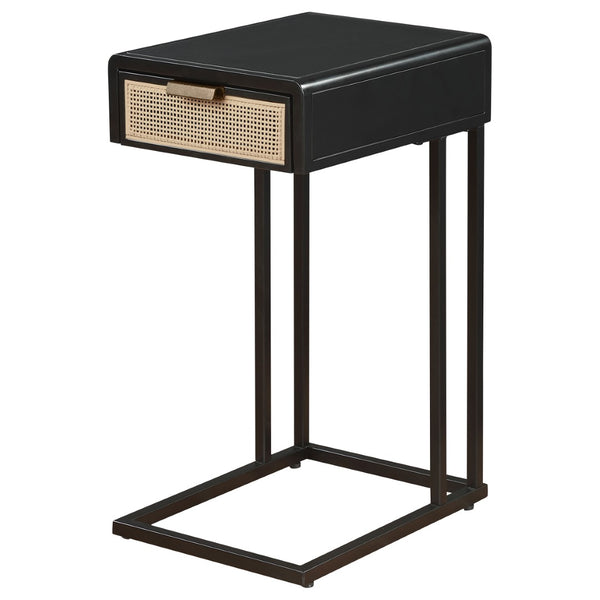 English Elm Kenneth C-shape Sofa Side Table with Rattan Drawer and Matte Black Metal Frame B062P507824