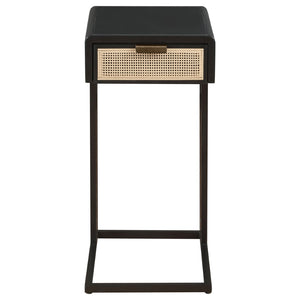 English Elm Kenneth C-shape Sofa Side Table with Rattan Drawer and Matte Black Metal Frame B062P507824