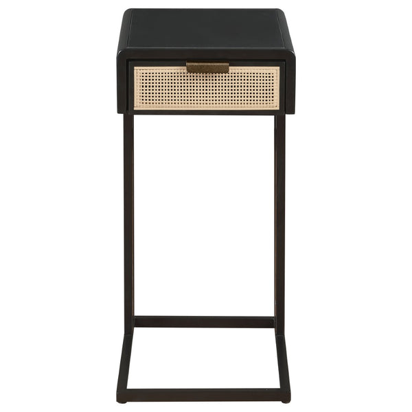 English Elm Kenneth C-shape Sofa Side Table with Rattan Drawer and Matte Black Metal Frame B062P507824