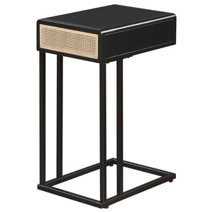 English Elm Kenneth C-shape Sofa Side Table with Rattan Drawer and Matte Black Metal Frame B062P507824