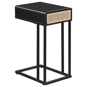 English Elm Kenneth C-shape Sofa Side Table with Rattan Drawer and Matte Black Metal Frame B062P507824