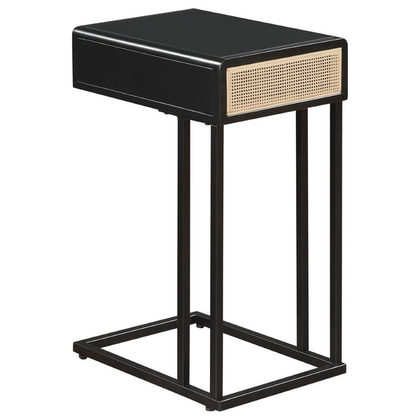 English Elm Kenneth C-shape Sofa Side Table with Rattan Drawer and Matte Black Metal Frame B062P507824