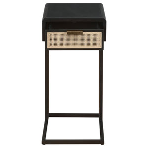 English Elm Kenneth C-shape Sofa Side Table with Rattan Drawer and Matte Black Metal Frame B062P507824