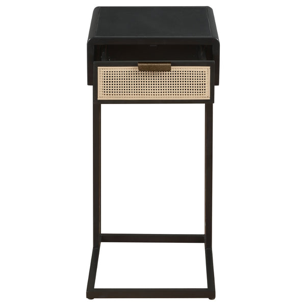 English Elm Kenneth C-shape Sofa Side Table with Rattan Drawer and Matte Black Metal Frame B062P507824