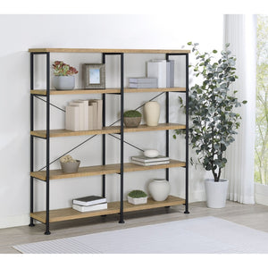 English Elm Vellun Industrial Wide Bookshelf with Black Metal Frame and Warm Mango Wood Shelving B062P507841