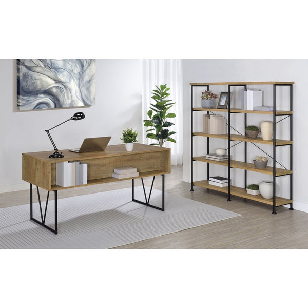 English Elm Vellun Industrial Wide Bookshelf with Black Metal Frame and Warm Mango Wood Shelving B062P507841