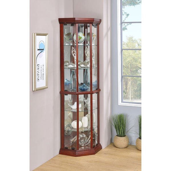 English Elm Jacob Corner Curio Cabinet with Mirrored Back and Six Glass Shelves in Warm Brown B062P509611