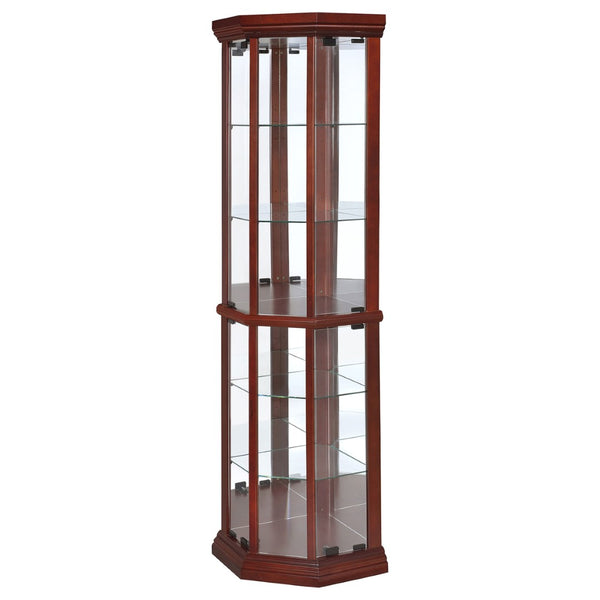 English Elm Jacob Corner Curio Cabinet with Mirrored Back and Six Glass Shelves in Warm Brown B062P509611