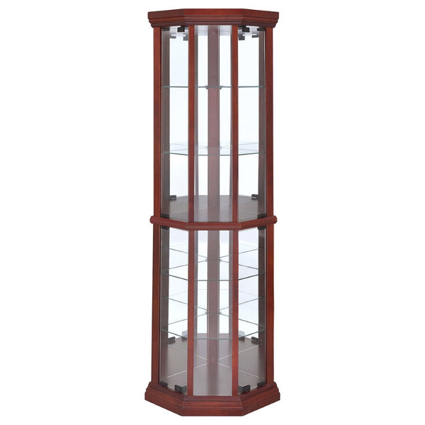 English Elm Jacob Corner Curio Cabinet with Mirrored Back and Six Glass Shelves in Warm Brown B062P509611