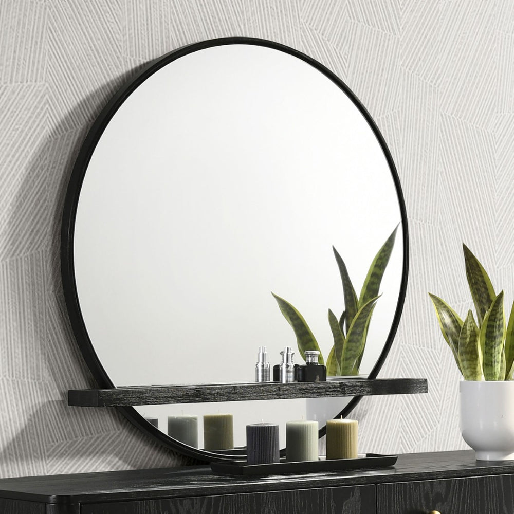 English Elm Benson Round Matte Black Rubberwood Dresser Mirror for Modern Bedroom Decor B062P509652