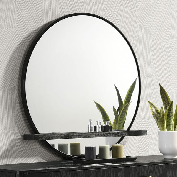 English Elm Benson Round Matte Black Rubberwood Dresser Mirror for Modern Bedroom Decor B062P509652