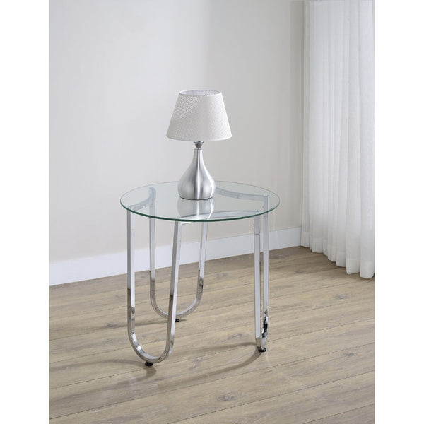 English Elm Dutton Round Tempered Glass End Table with Polished Chrome Base for Modern Living Rooms B062P509701