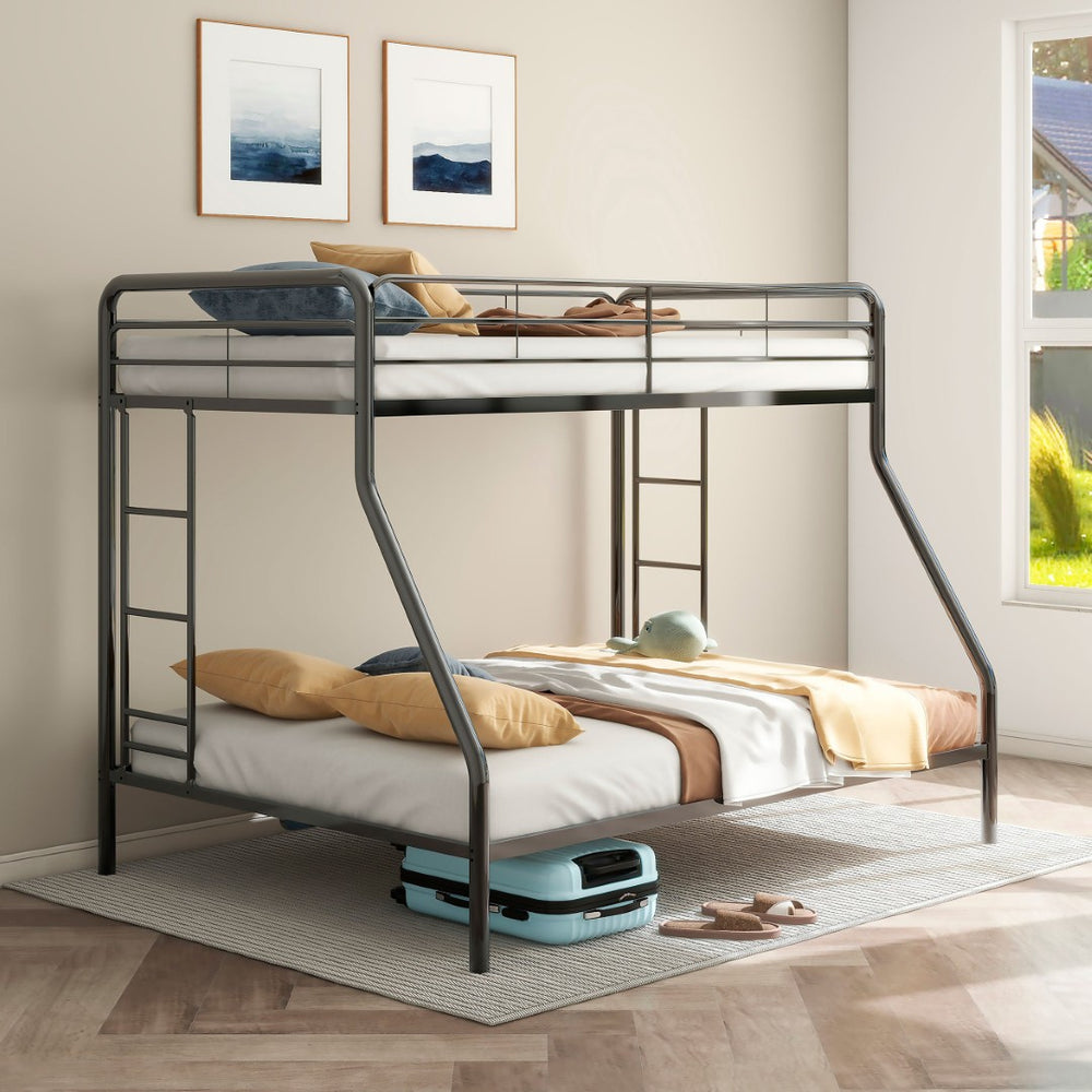 English Elm Long Beach Steel Bunk Bed Twin Over Full with Guardrails for Kids or Guests Black B062P511762