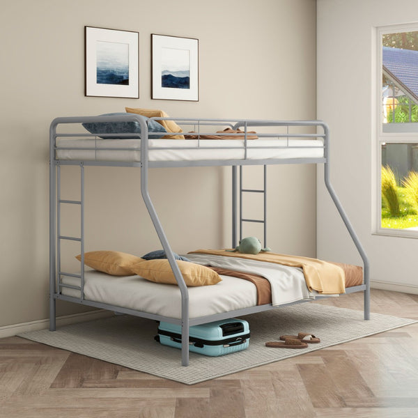 English Elm Long Beach Steel Bunk Bed Twin Over Full with Guardrails for Kids or Guests Silver B062P511764