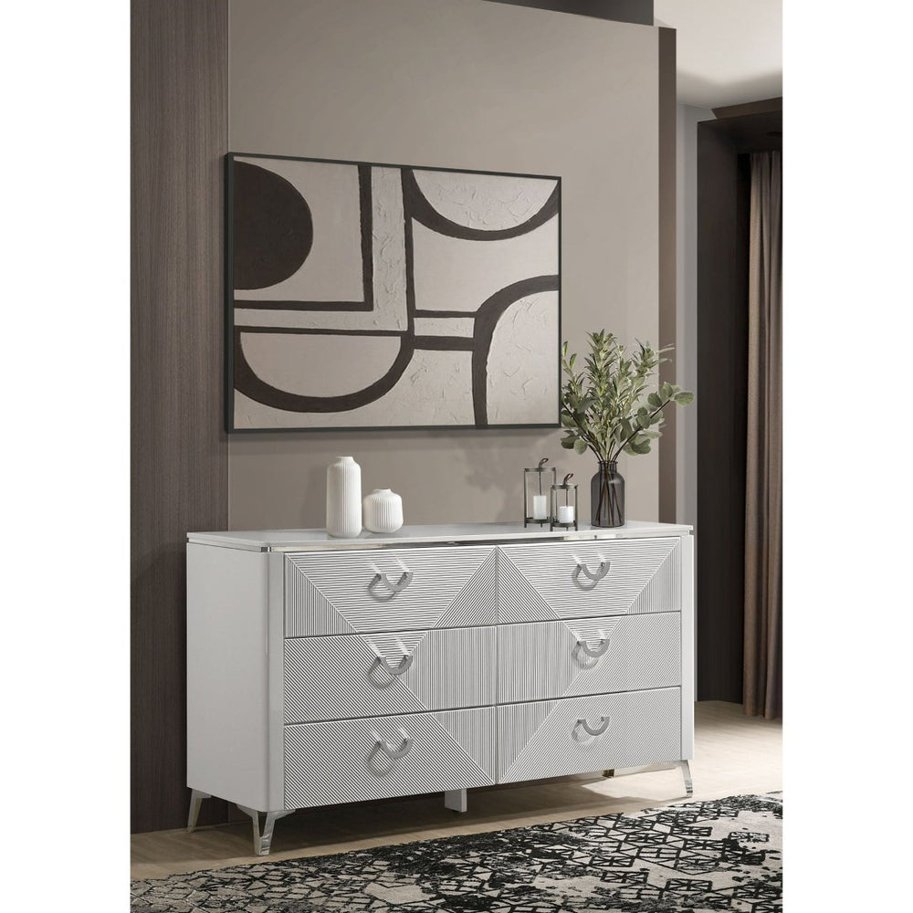English Elm Buckley Six Drawer Dresser White Lacquer Finish with Sculpted Geometric Ribbed Fronts B062P511786