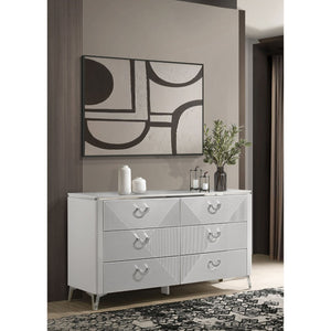 English Elm Buckley Six Drawer Dresser White Lacquer Finish with Sculpted Geometric Ribbed Fronts B062P511786