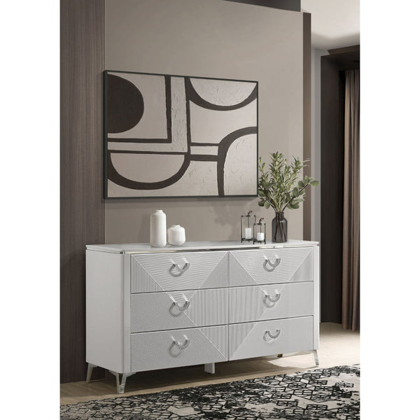 English Elm Buckley Six Drawer Dresser White Lacquer Finish with Sculpted Geometric Ribbed Fronts B062P511786