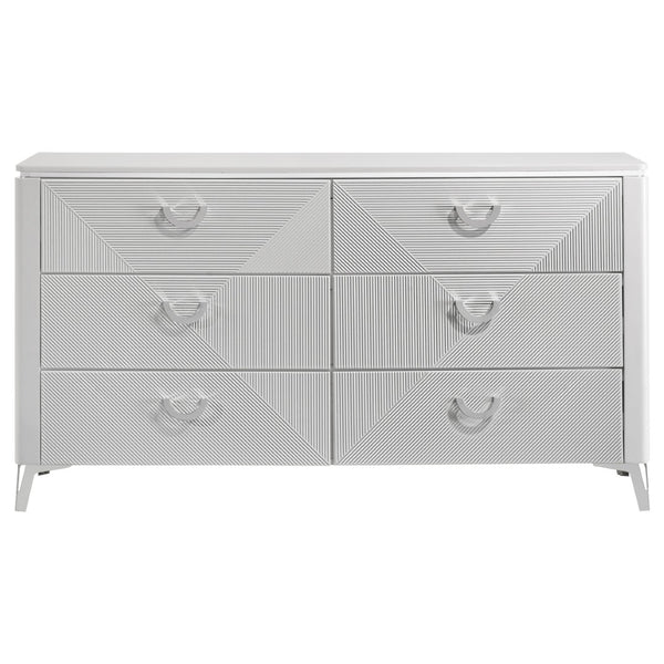 English Elm Buckley Six Drawer Dresser White Lacquer Finish with Sculpted Geometric Ribbed Fronts B062P511786