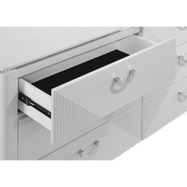 English Elm Buckley Six Drawer Dresser White Lacquer Finish with Sculpted Geometric Ribbed Fronts B062P511786