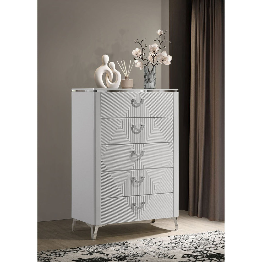 English Elm Buckley Glossy White Ribbed 5 Drawer Tall Chest with Chrome Pulls for Modern Bedrooms B062P511789