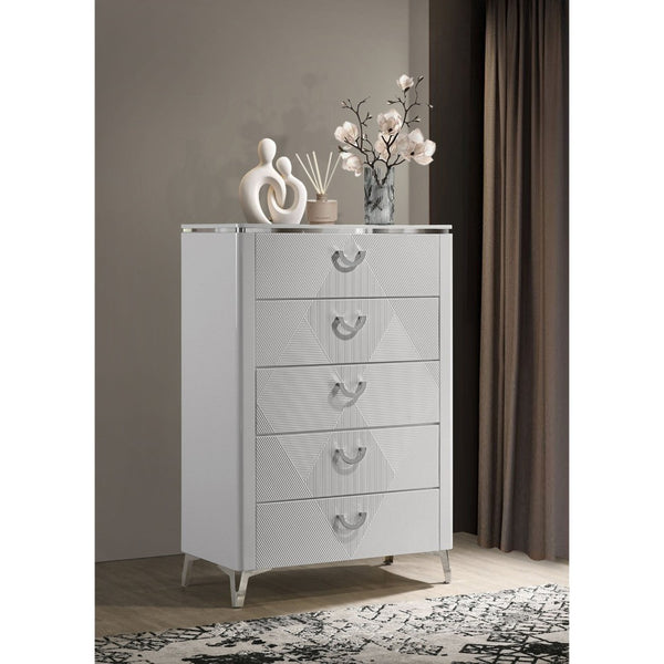 English Elm Buckley Glossy White Ribbed 5 Drawer Tall Chest with Chrome Pulls for Modern Bedrooms B062P511789