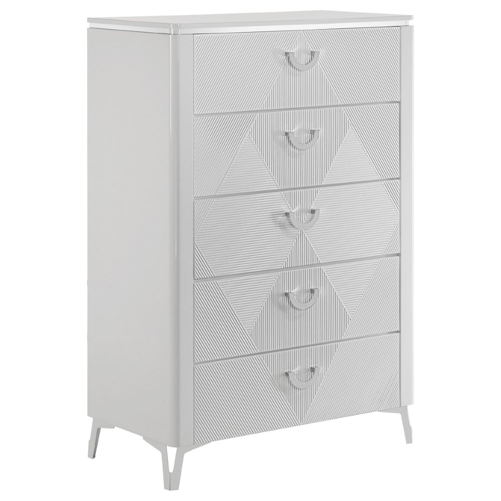English Elm Buckley Glossy White Ribbed 5 Drawer Tall Chest with Chrome Pulls for Modern Bedrooms B062P511789