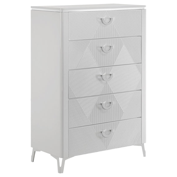 English Elm Buckley Glossy White Ribbed 5 Drawer Tall Chest with Chrome Pulls for Modern Bedrooms B062P511789