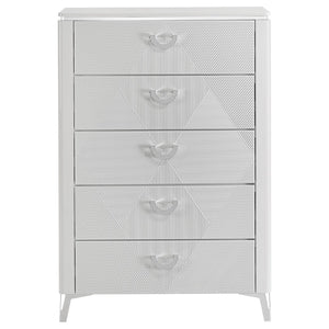 English Elm Buckley Glossy White Ribbed 5 Drawer Tall Chest with Chrome Pulls for Modern Bedrooms B062P511789