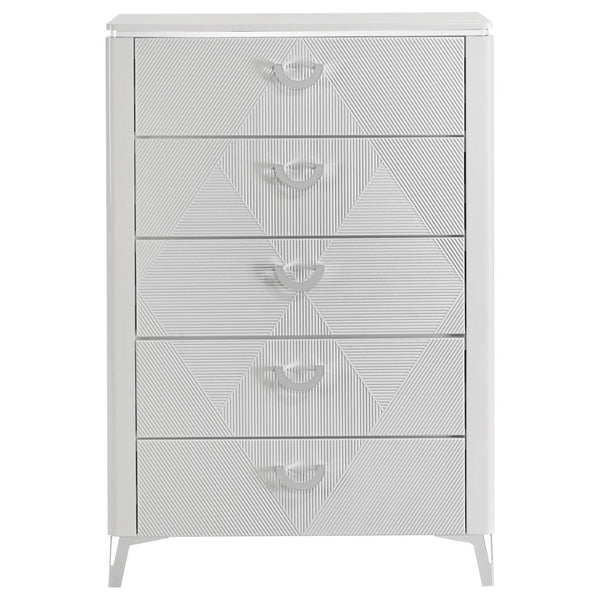 English Elm Buckley Glossy White Ribbed 5 Drawer Tall Chest with Chrome Pulls for Modern Bedrooms B062P511789