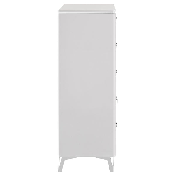 English Elm Buckley Glossy White Ribbed 5 Drawer Tall Chest with Chrome Pulls for Modern Bedrooms B062P511789
