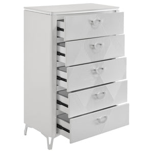 English Elm Buckley Glossy White Ribbed 5 Drawer Tall Chest with Chrome Pulls for Modern Bedrooms B062P511789