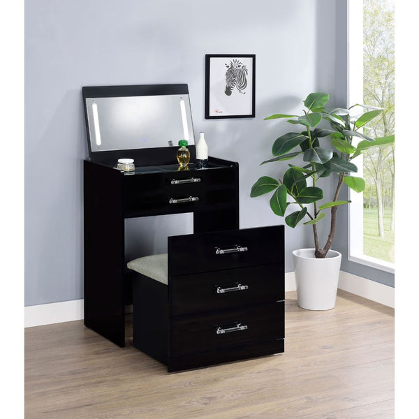 English Elm Ayuba Gloss Black Makeup Vanity Set with LED Mirror USB Ports and Padded Stool B062P511940
