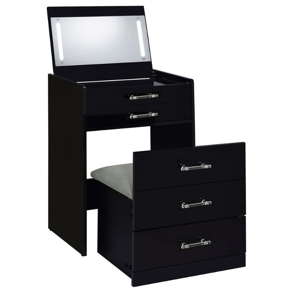 English Elm Ayuba Gloss Black Makeup Vanity Set with LED Mirror USB Ports and Padded Stool B062P511940