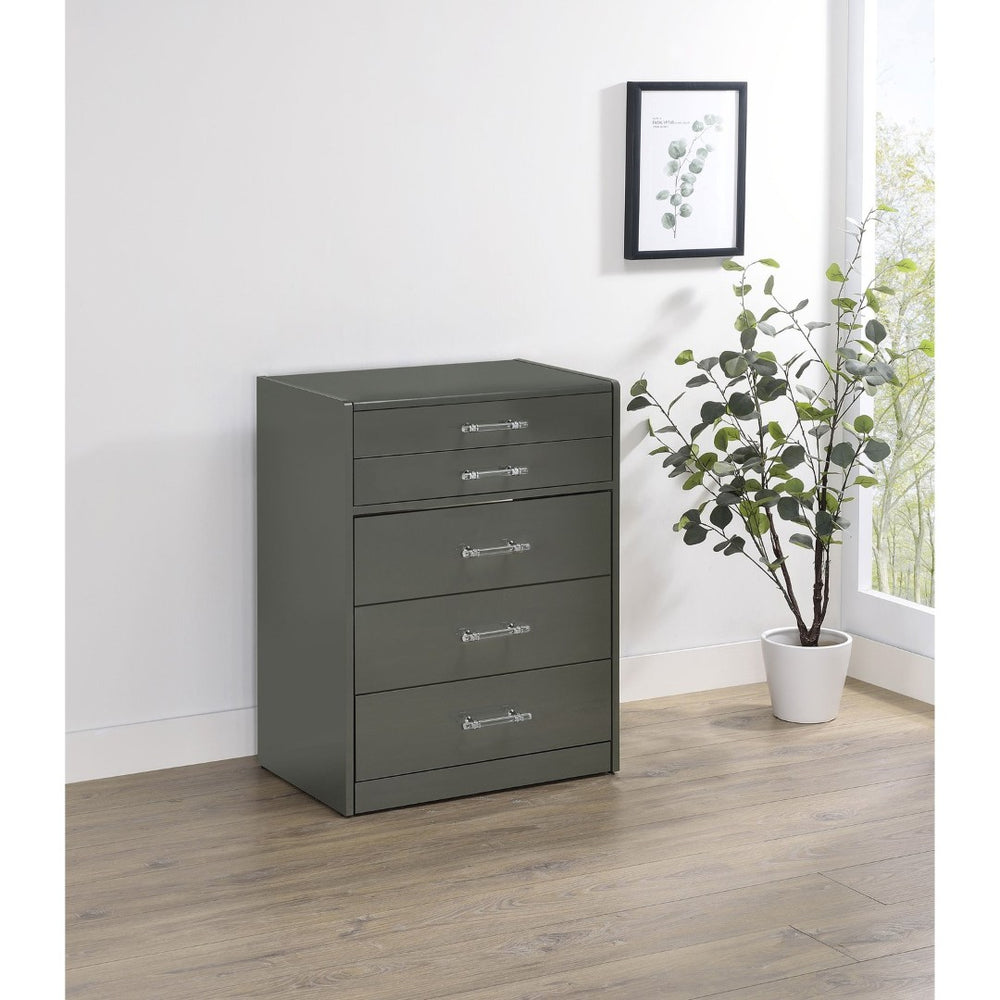 English Elm Ayuba High Gloss Grey Vanity Set with LED Mirror USB Charging and Padded Stool B062P511941