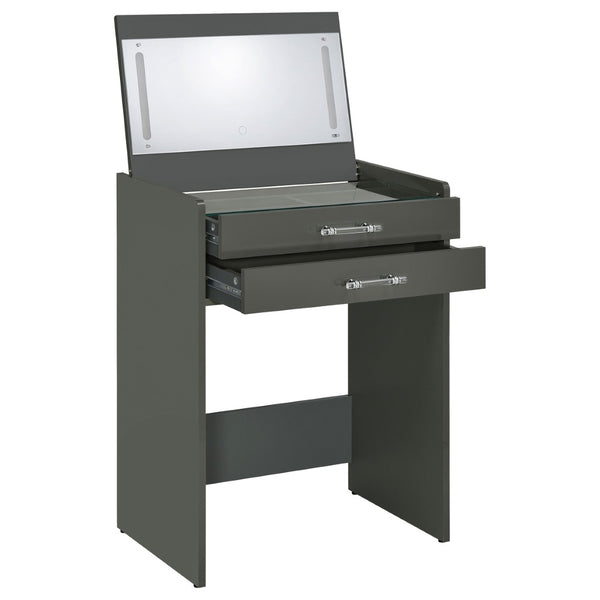 English Elm Ayuba High Gloss Grey Vanity Set with LED Mirror USB Charging and Padded Stool B062P511941