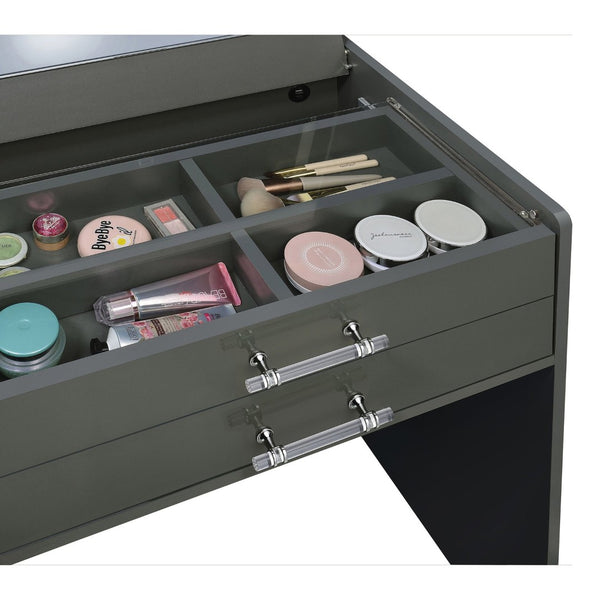 English Elm Ayuba High Gloss Grey Vanity Set with LED Mirror USB Charging and Padded Stool B062P511941