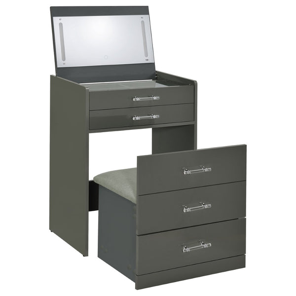 English Elm Ayuba High Gloss Grey Vanity Set with LED Mirror USB Charging and Padded Stool B062P511941