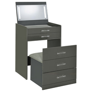 English Elm Ayuba High Gloss Grey Vanity Set with LED Mirror USB Charging and Padded Stool B062P511941