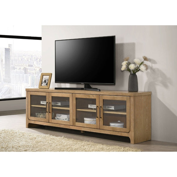 English Elm Trowbridge Oak Veneer Media Console with Glass Front Doors and Antique Brass Pulls B062P512456