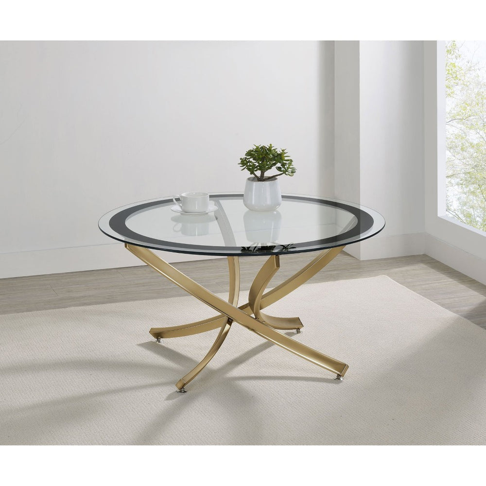 English Elm Connors Rose Brass Round Coffee Table with Tempered Glass Top for Modern Living B062P512506