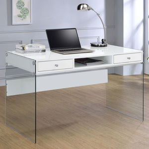 English Elm Barretta High Gloss White Writing Desk with Glass Legs and Chrome Hardware for Modern Spaces B062P514293