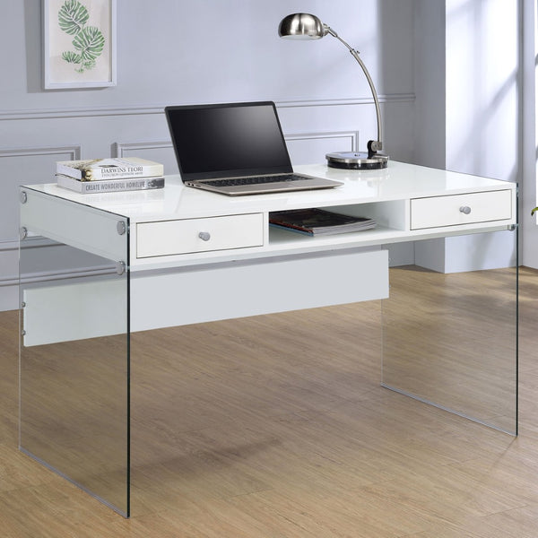 English Elm Barretta High Gloss White Writing Desk with Glass Legs and Chrome Hardware for Modern Spaces B062P514293