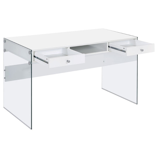 English Elm Barretta High Gloss White Writing Desk with Glass Legs and Chrome Hardware for Modern Spaces B062P514293
