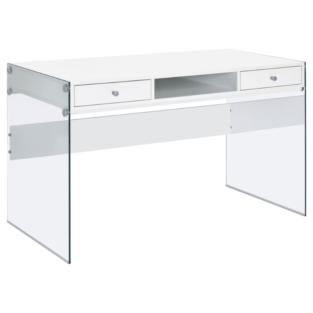 English Elm Barretta High Gloss White Writing Desk with Glass Legs and Chrome Hardware for Modern Spaces B062P514293