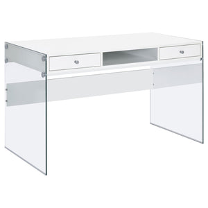 English Elm Barretta High Gloss White Writing Desk with Glass Legs and Chrome Hardware for Modern Spaces B062P514293