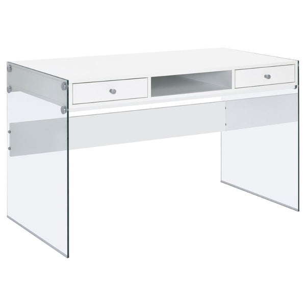 English Elm Barretta High Gloss White Writing Desk with Glass Legs and Chrome Hardware for Modern Spaces B062P514293