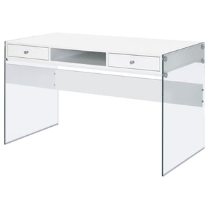 English Elm Barretta High Gloss White Writing Desk with Glass Legs and Chrome Hardware for Modern Spaces B062P514293
