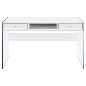 English Elm Barretta High Gloss White Writing Desk with Glass Legs and Chrome Hardware for Modern Spaces B062P514293